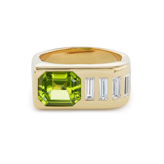 One-of-a-Kind BNS Waterfall Ring with Emerald-Cut Peridot and Diamond Baguettes