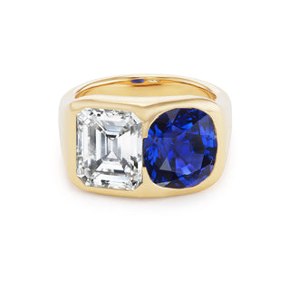 One-of-a-Kind Two-Stone BNS Ring with Emerald-Cut Diamond and Cushion Sapphire