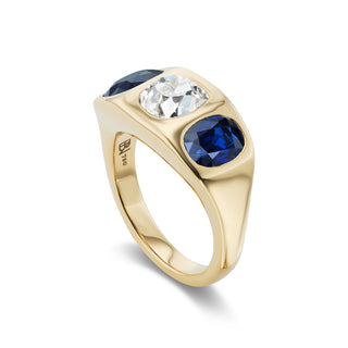 One-of-a-Kind BNS Ring with Old-Mine Diamond and Blue Sapphire Oval Sides