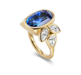 One-of-a-Kind Pillow Ring with Oval Blue Sapphire and Diamond Pear Accents