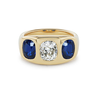 One-of-a-Kind BNS Ring with Old-Mine Diamond and Blue Sapphire Oval Sides