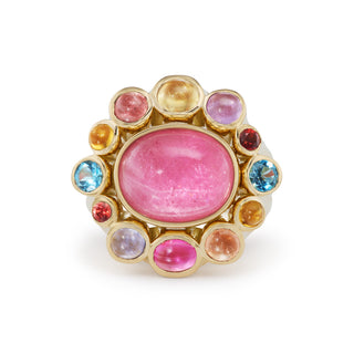 One-of-a-Kind Wildflower Ring with Pink Tourmaline Cabochon Center and Rainbow Cabochon Petals