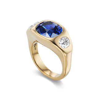 One-of-a-Kind BNS Ring with Cushion Sapphire and Old Mine Diamond Sides