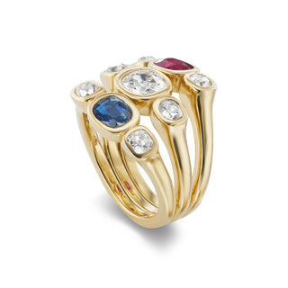 One-of-a-Kind Pillow Stack Ring with Ruby, Sapphire, and Diamonds