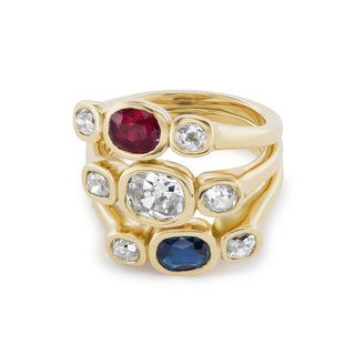 One-of-a-Kind Pillow Stack Ring with Ruby, Sapphire, and Diamonds