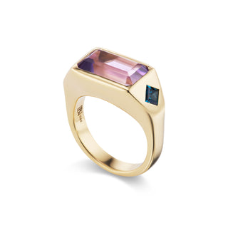One-of-a-Kind BNS Ring with Emerald-Cut Amethyst and Blue Topaz Squares Sides