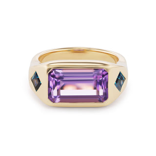 One-of-a-Kind BNS Ring with Emerald-Cut Amethyst and Blue Topaz Squares Sides
