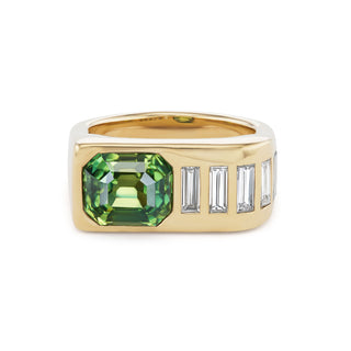 One-of-a-Kind BNS Waterfall Ring with Green Sapphire and Diamond Baguettes