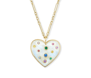 Large Puff Heart Pendant with Rainbow Moonstone and Multi-Colored Sapphire Insets