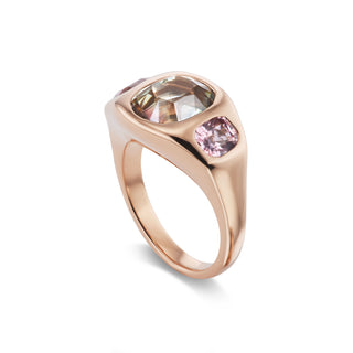 One-of-a-Kind Rose Gold BNS Ring with Bicolor Cushion Tourmaline and Pink Spinel Sides