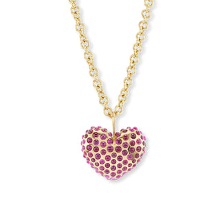 Gold Puff Heart Pendant with Ruby Cabochons