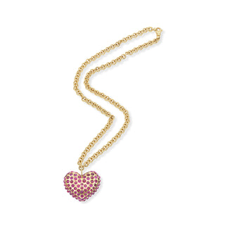 Gold Puff Heart Pendant with Ruby Cabochons
