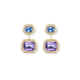 Small Two-Stone Pillow Drop Earrings with Sapphires and Amethyst