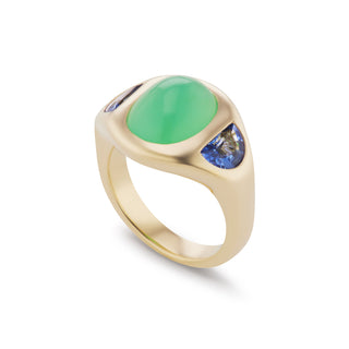 One-of-a-Kind BNS Ring with Chrysoprase Cabochon and Half-Moon Sapphire Sides