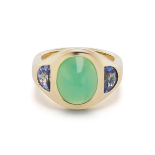 One-of-a-Kind BNS Ring with Chrysoprase Cabochon and Half-Moon Sapphire Sides