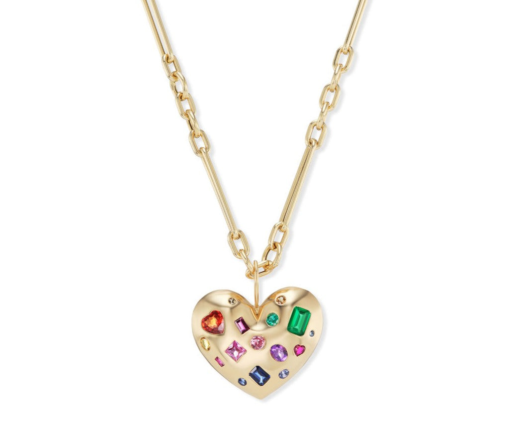 Puffed Heart Pave' Crystal Gold Necklace | Anna Bellagio