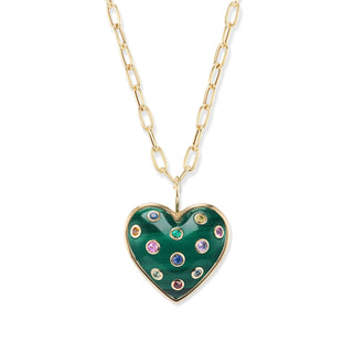 Medium Puff Heart Pendant with Malachite and Multi-Colored Sapphires