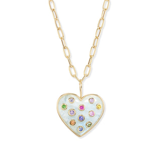 Medium Puff Heart Pendant with Rainbow Moonstone and Multi-Colored Sapphires