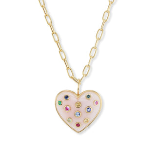 Medium Puff Heart Pendant with Pink Opal and Multi-Colored Sapphires