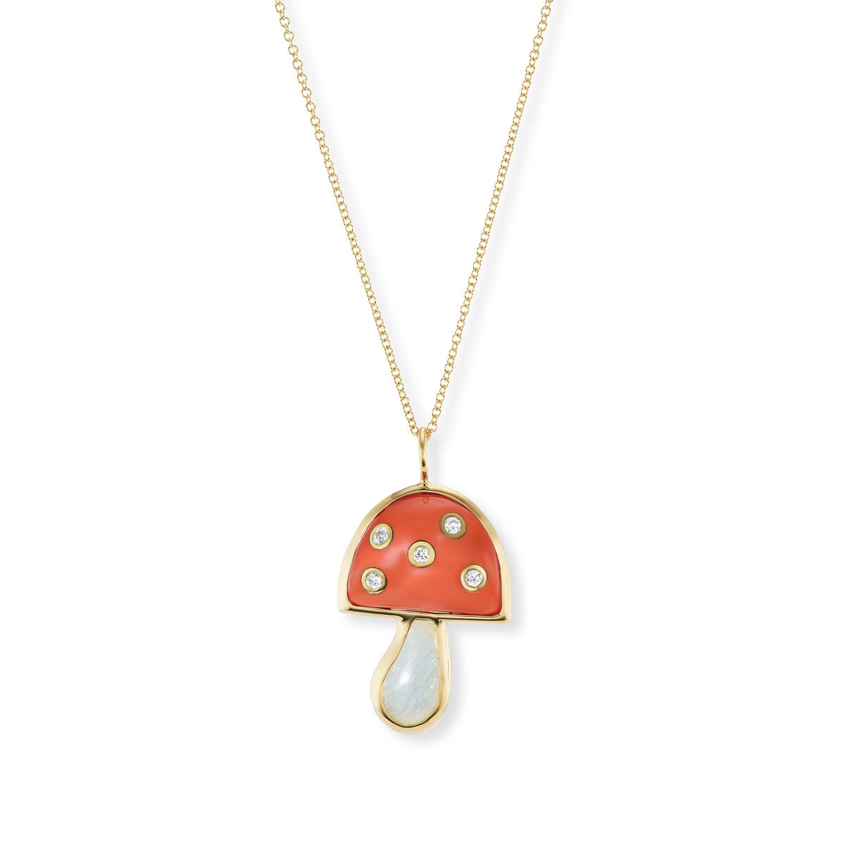 Small Magic Mushroom Pendant with Coral & Rainbow Moonstone and, Diamonds