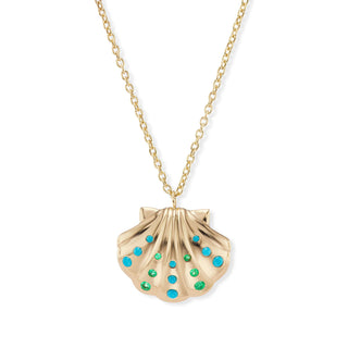 Medium Gold Shell Pendant with Emeralds & Turquoise