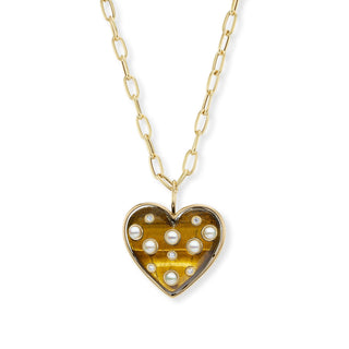 Medium Puff Heart Pendant with Tiger's Eye and Diamonds & Pearls