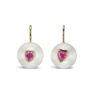 Pearl On Wire Earrings with Pink Sapphire Hearts