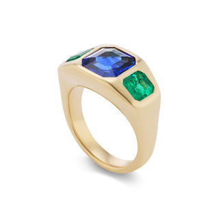 One-of-a-Kind BNS Ring with Asscher Sapphire and Emerald Sides
