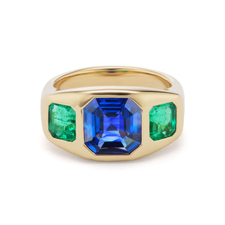 One-of-a-Kind BNS Ring with Asscher Sapphire and Emerald Sides