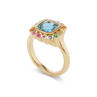 One-of-a-Kind Wildflower Ring with Aquamarine and Rainbow Petals