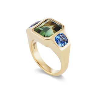 One-of-a-Kind BNS Ring with Green Tourmaline and Blue Sapphire Sides
