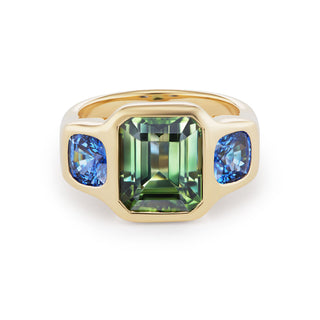 One-of-a-Kind BNS Ring with Green Tourmaline and Blue Sapphire Sides