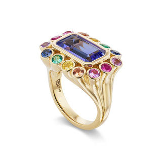 One-of-a-Kind Wildflower Ring with Tanzanite and Rainbow Petals