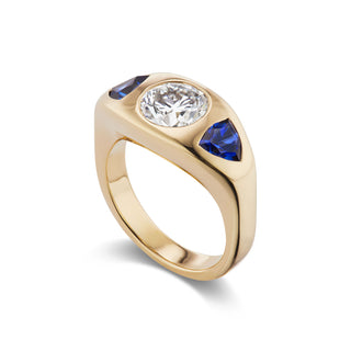 One-of-a-Kind BNS Ring with Round Diamond and Blue Sapphire Triangle Sides