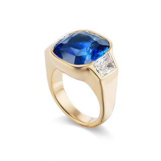 One-of-a-Kind BNS Ring with Cushion Blue Sapphire and Diamond Trapezoid Sides