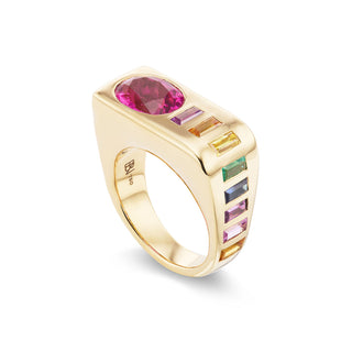 One-of-a-Kind BNS Waterfall Ring with Oval Pink Tourmaline and Rainbow Baguettes