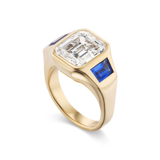 One-of-a-Kind BNS Ring with Emerald-Cut Diamond and Sapphire Trapezoid Sides