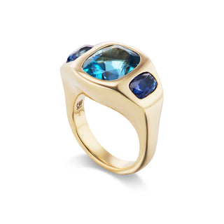 One-of-a-Kind BNS Ring with North-South Elongated Blue Topaz Cushion and Blue Sapphire Sides