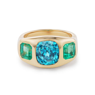 One-of-a-Kind BNS Ring with Blue Zircon and Emerald Sides