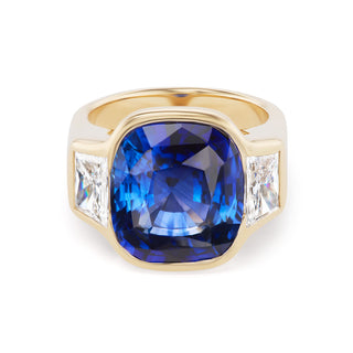 One-of-a-Kind BNS Ring with Cushion Blue Sapphire and Diamond Trapezoid Sides