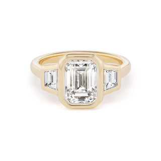 One-of-a-Kind Pillow Ring with North South Emerald-Cut Diamond and Diamond Trapezoid Sides