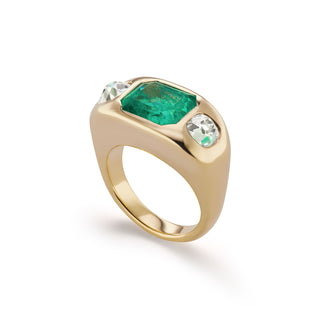 One-of-a-Kind BNS Ring with Emerald and European-cut Diamond Sides