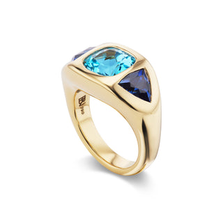 One-of-a-Kind BNS Ring with Cushion Blue Topaz and Blue Sapphire Triangle Sides