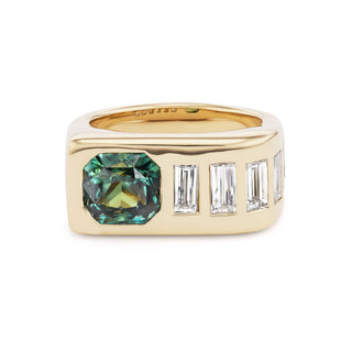 One-of-a-Kind BNS Waterfall Ring with Teal Sapphire and Diamond Baguettes