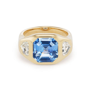 One-of-a-Kind BNS Ring with Light Blue Asscher-Cut Sapphire and Cadillac Diamond Sides