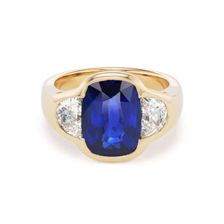 One-of-a-Kind BNS Ring with North-South Cushion Blue Sapphire and Half-Moon Diamond Sides