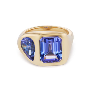 One-of-a-Kind Two-Stone BNS Ring with Emerald-Cut and Pearshape Tanzanite