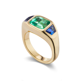 One-of-a-Kind BNS Ring with Emerald and Blue Sapphire Trapezoid Sides