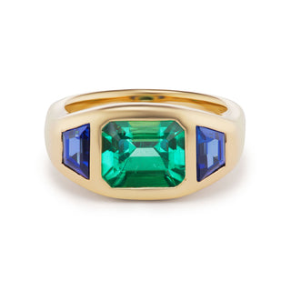 One-of-a-Kind BNS Ring with Emerald and Blue Sapphire Trapezoid Sides