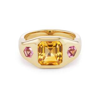 One-of-a-Kind BNS Ring with Asscher Citrine and Hexagon Pink Tourmaline Sides